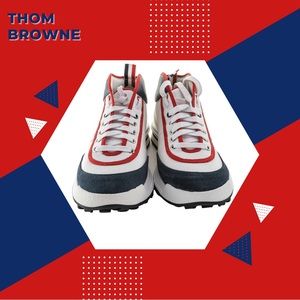 THOM BROWNE Mid-Top Rugby Trainer Men Sneaker, White/Red/Blue, Size 44 EU (11US)